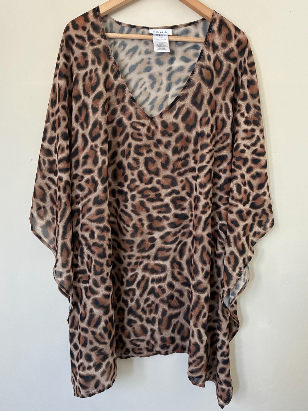 Soma Leopard Print Kaftan Cover Up Top Kimono Sleeve Brown XS/S Minimalist Beach